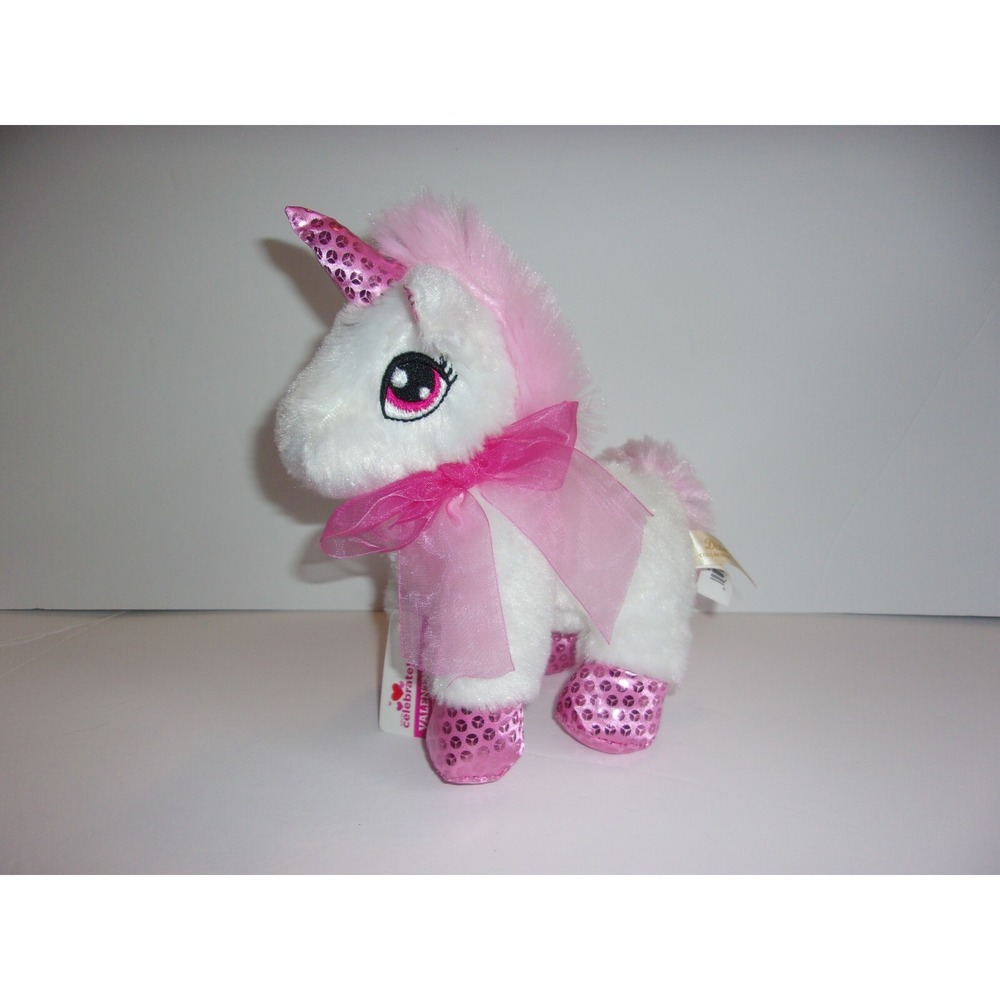Dan Dee White Unicorn Pink Shiny Feet Ears Horn Tail Mane Plush 7" Ribbon New